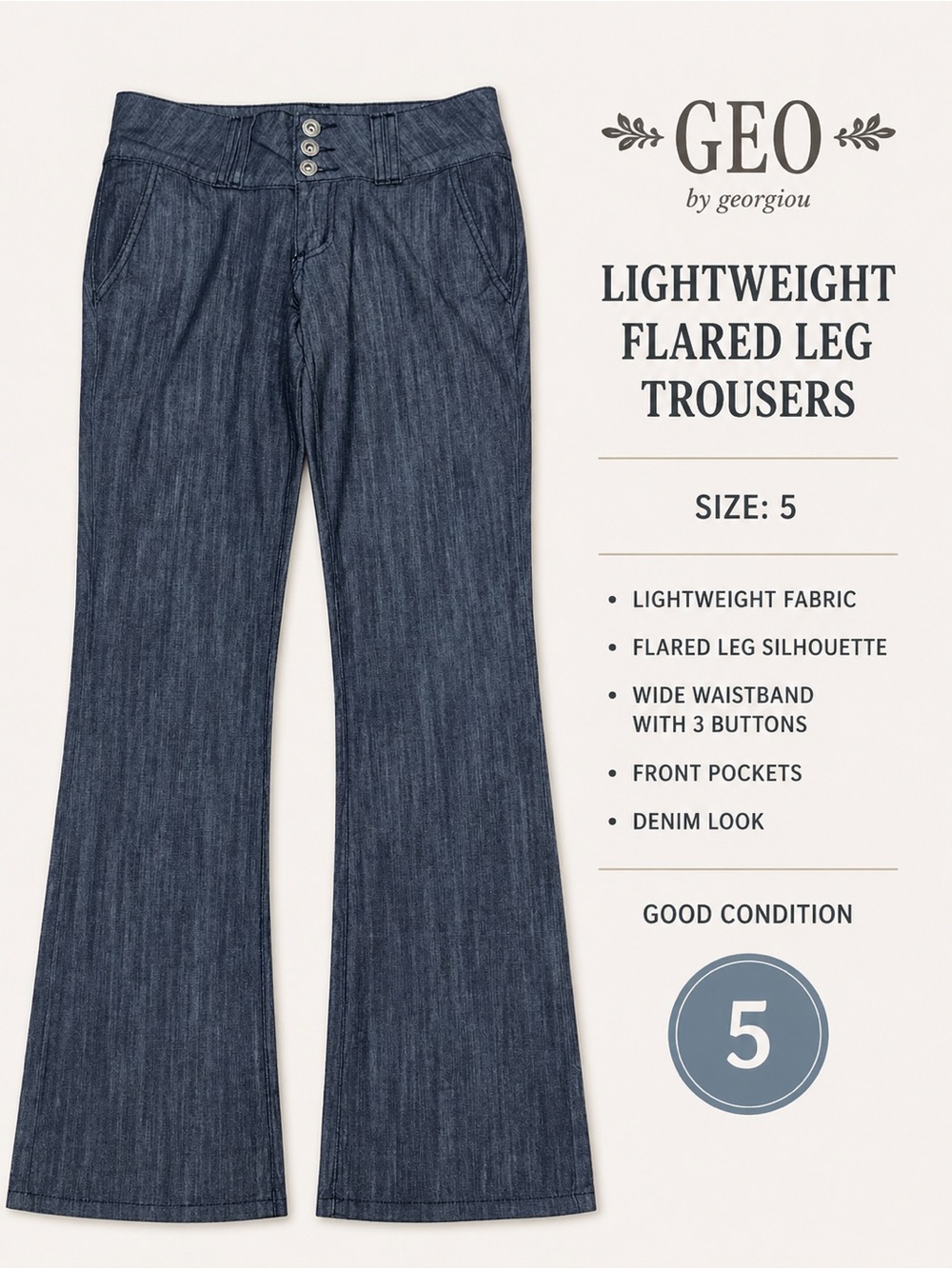 GEO Lightweight Denim Flare Leg Jeans Size 5 Boho Wide Waistband
